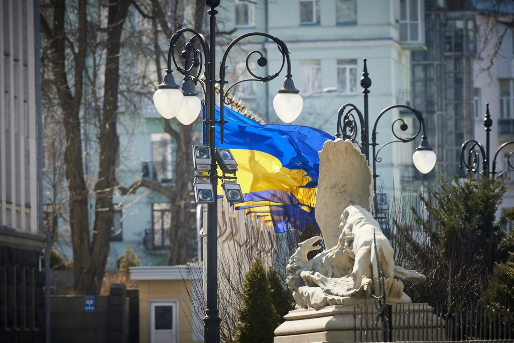 Ukraine flag in town